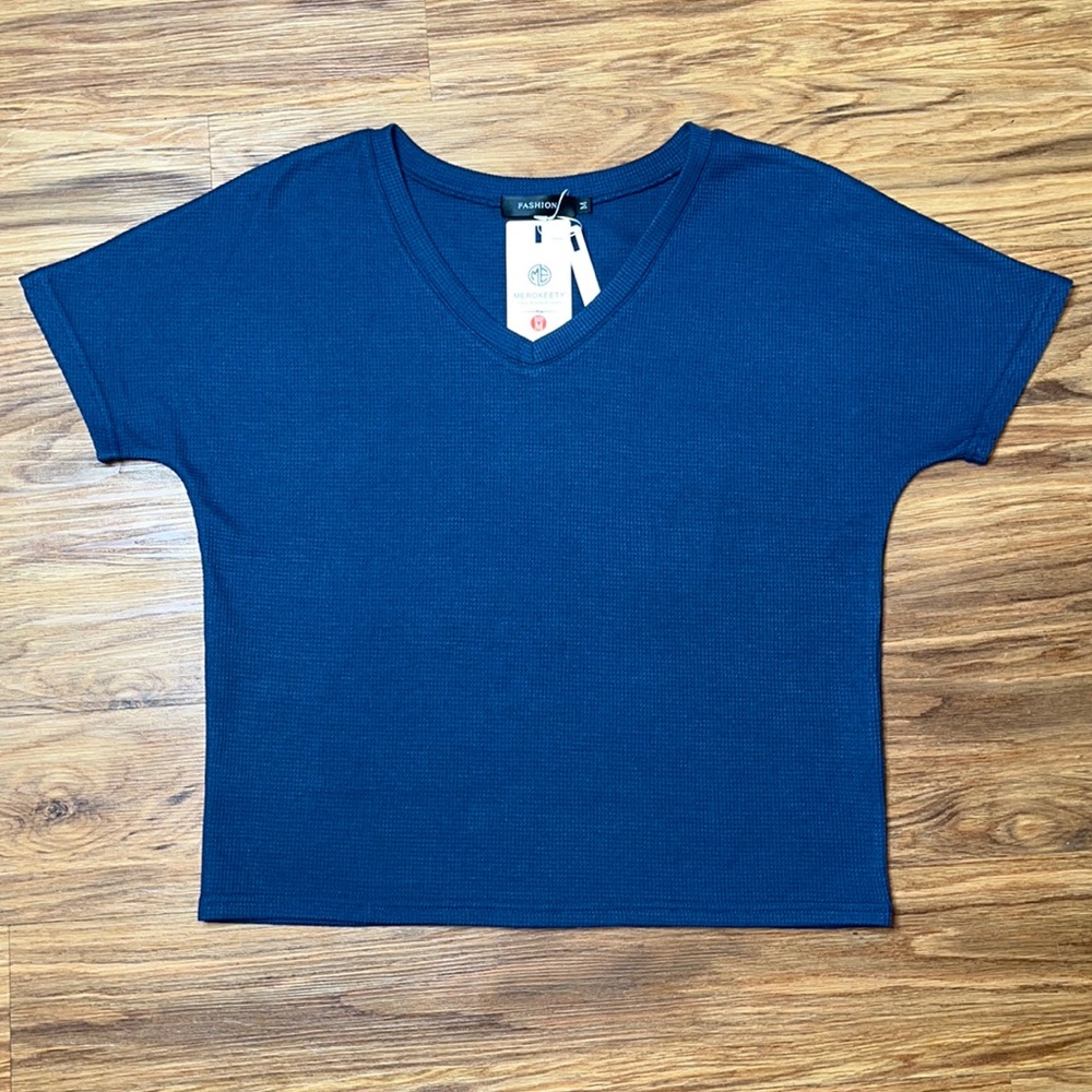 Merokeety Fashion Short Sleeve Navy Blue Blouse Medium - NWT